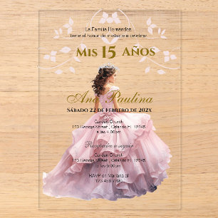 Pink Floral Acrylic Quinceañera Spanish Invitation