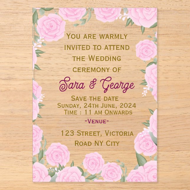 Pink Floral Acrylic Wedding Invitation  (Front)