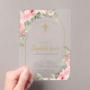 Pink floral acrylique baptême espagnol invitation