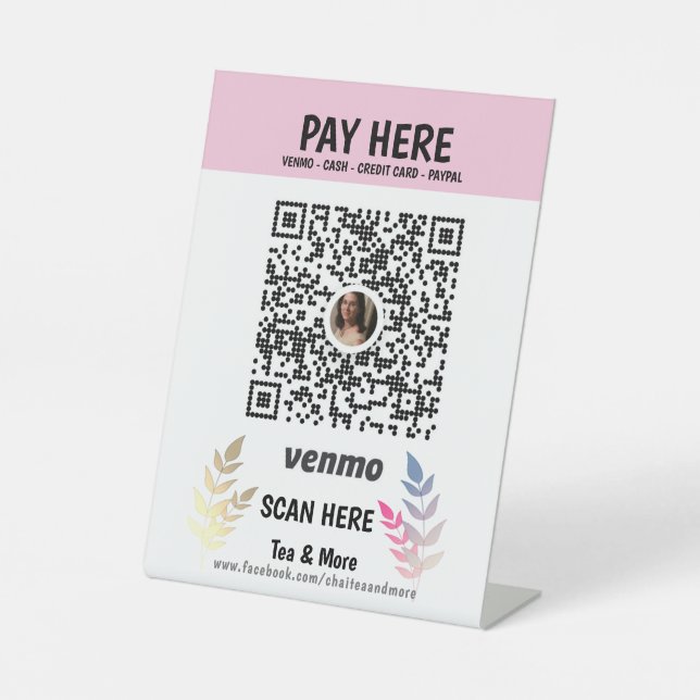 Pink Floral Add QR Code Venmo Pay Here Pedestal Sign (Front)