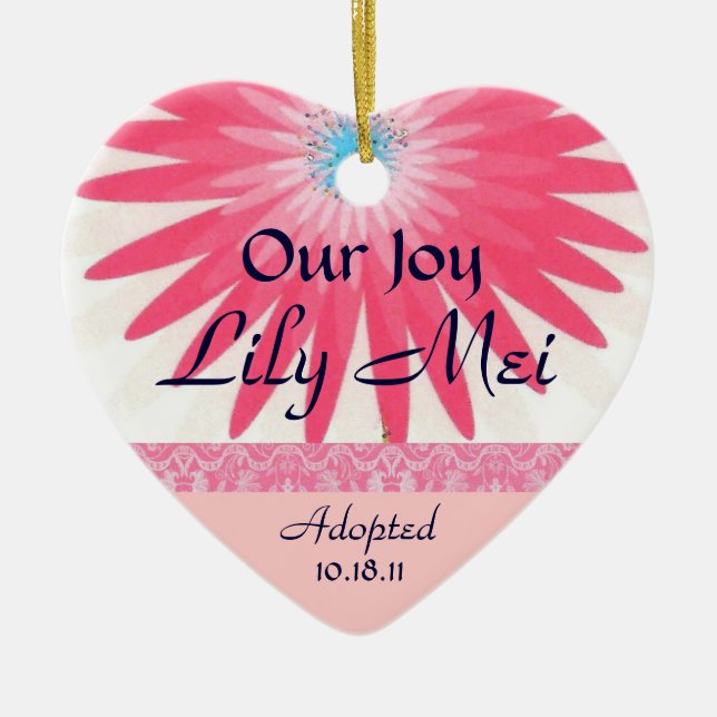Pink Floral Adoption Announcement Keepsake Ceramic Ornament (Front)