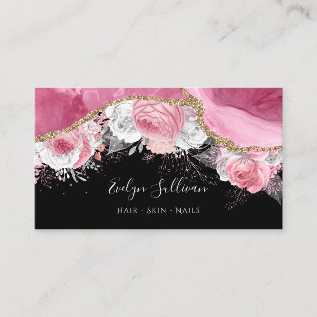 pink floral agate on black business card (Front)
