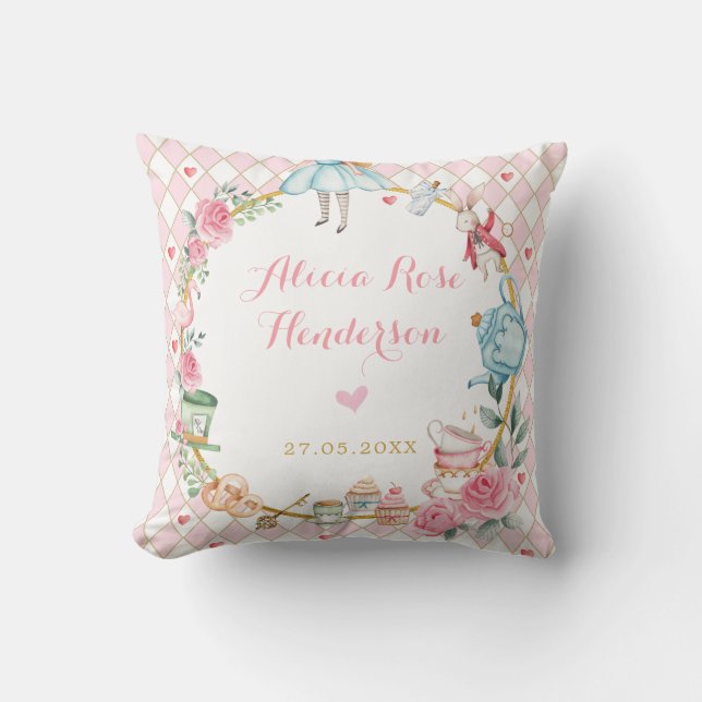 Pink Floral Alice in Wonderland Mad Tea Baby Girl Throw Pillow (Front)