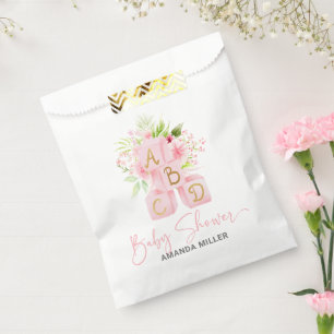 Pink Floral Alphabet Blocks Baby Shower Typography Favour Bag