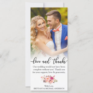Pink Floral Amour et Merci Mariage Carte photo