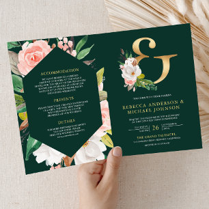 Pink Floral Ampersand Emerald QR Code Wedding Invitation