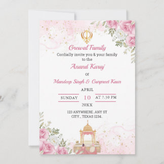 Pink Floral Anand Karaj Invitation card