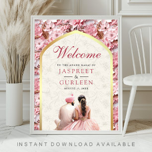 Pink Floral Anand Karaj Sikh Affiche de bienvenue