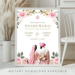 Pink Floral Anand Karaj Sikh Wedding Welcome Sign