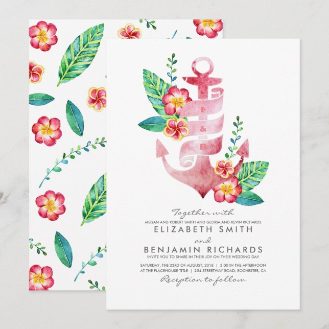 Pink Floral Anchor | Nautical | Beach Wedding Invitation (Front/Back)