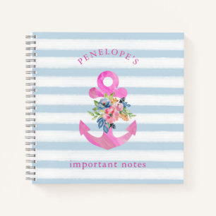 Pink Floral Anchor Trendy Blue Stripes Notebook
