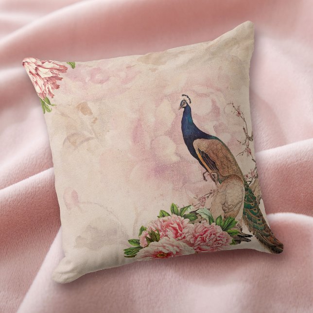 Pink Floral and Antique Peacock Throw Pillow (Creator Uploaded)