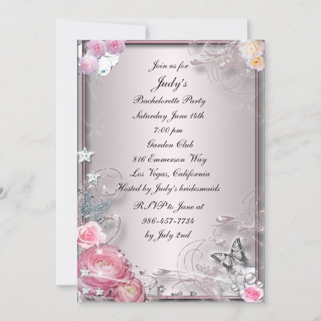 Pink Floral And Butterfly Bachelorette Party Invitation (Front)