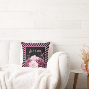 Pink Floral and Chequerboard Personalized Throw Pillow