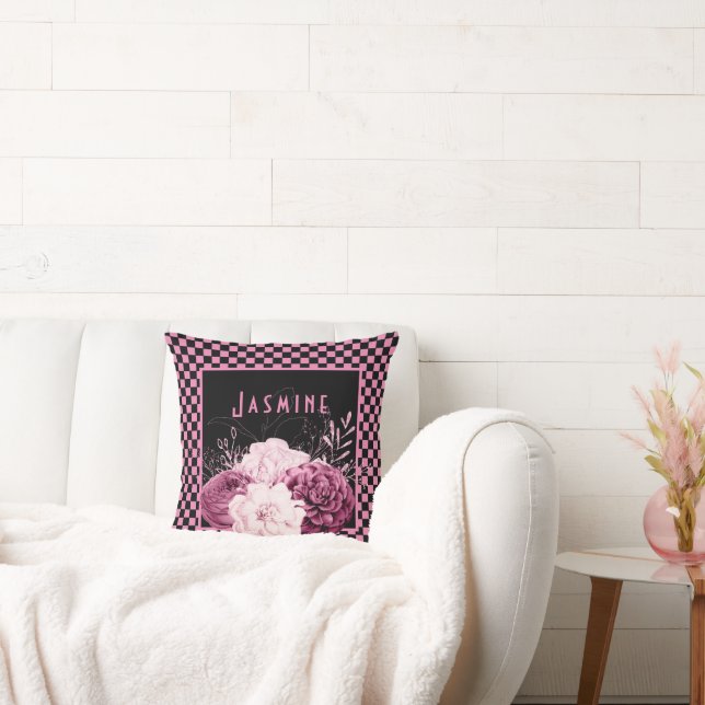 Pink Floral and Chequerboard Personalized Throw Pillow (Couch)