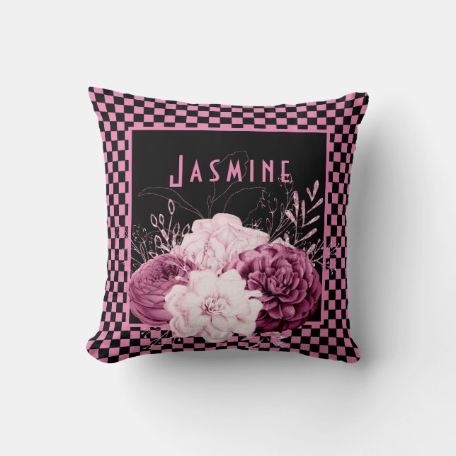 Pink Floral and Chequerboard Personalized Throw Pillow (Front)
