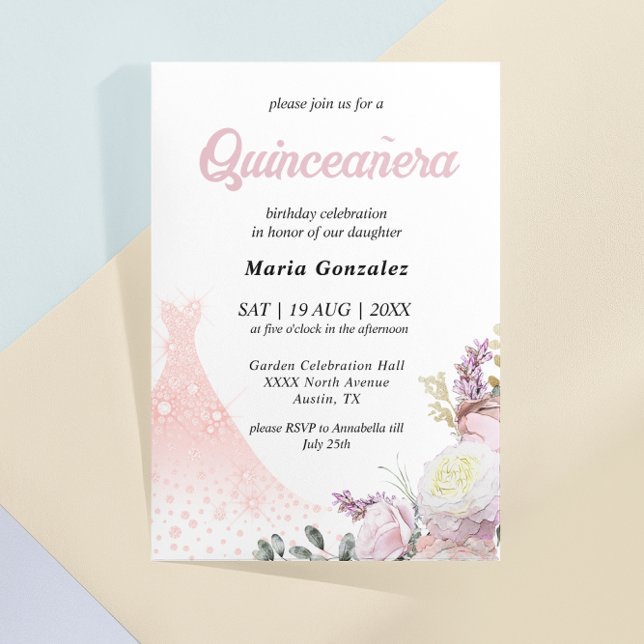  Pink Floral and Dress  Quinceañera Invitation (Creator Uploaded)