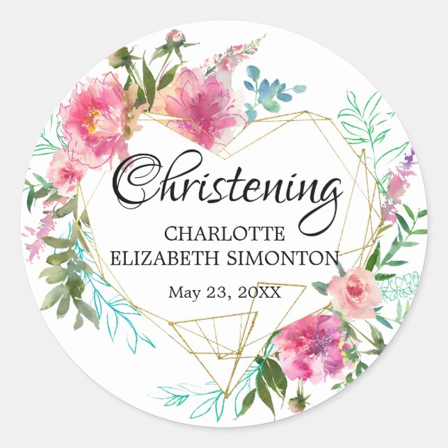 Pink Floral and Gold Geometric Sticker Christening (Front)