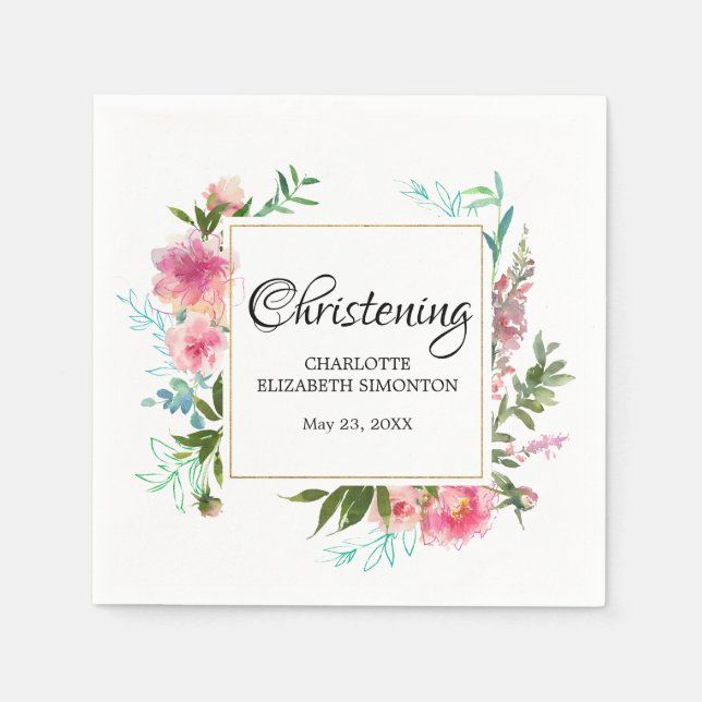 Pink Floral and Gold Personalized Christening Napkin (Front)