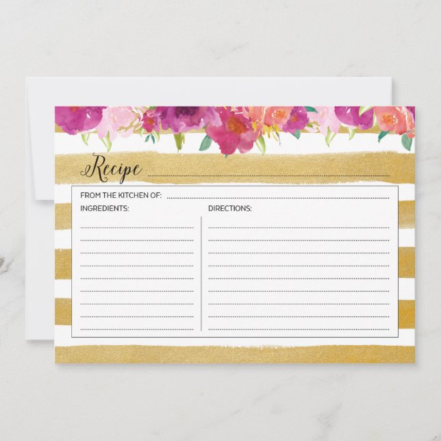 Pink Floral and Gold Recipe Card (Front)