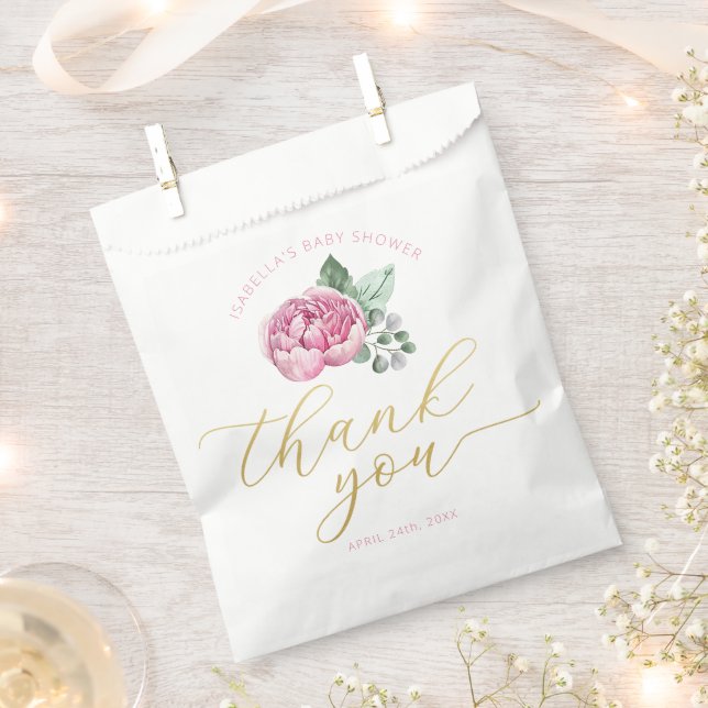 Pink Floral and Gold Script Baby Shower Thank You  Favour Bag (Clipped)