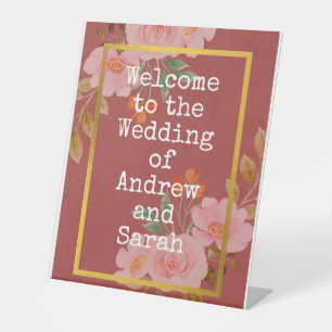 Pink, Floral and Gold Wedding Typewriter Text Pedestal Sign