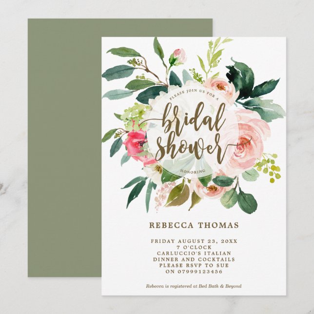 pink floral and greenery bridal shower invitation (Front/Back)
