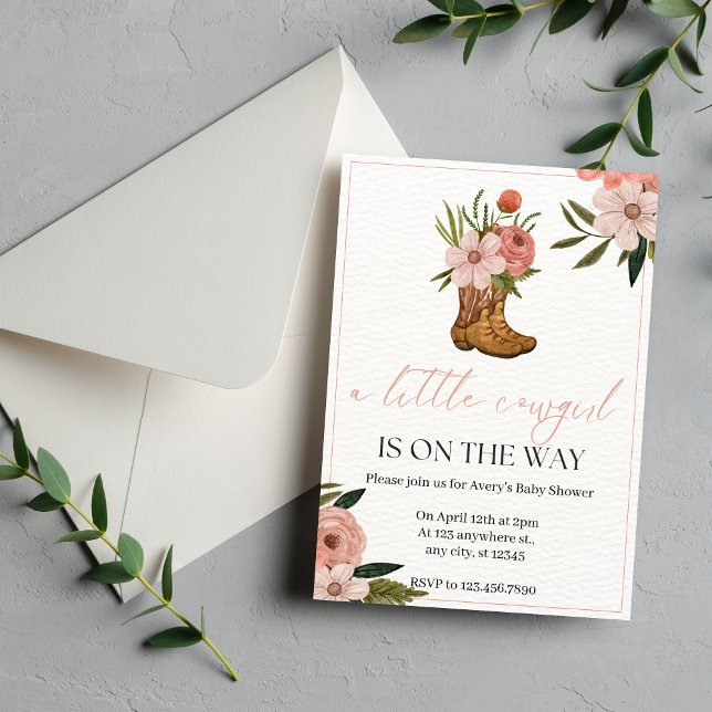 Pink Floral and Greenery Cowgirl Birthday Invitation (Pink Floral Cowgirl Birthday Invitation for Little Girls)