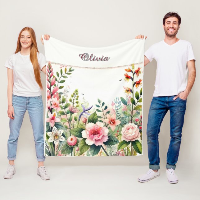 Pink Floral and Greenery Personalized  Fleece Blanket (In Situ)