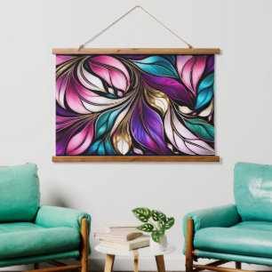 Pink Floral and leaves Stained Glass Look Hanging Tapestry