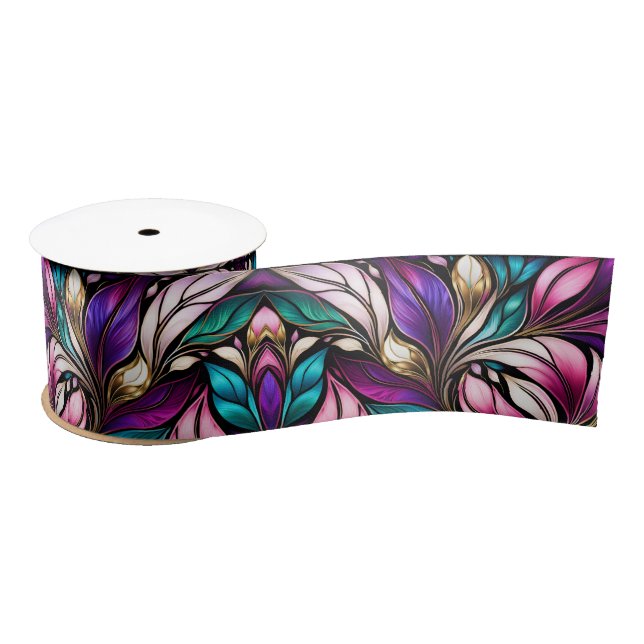 Pink Floral and leaves Stained Glass Look Satin Ribbon (Spool)