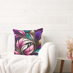 Pink Floral and leaves Stained Glass Look Throw Pillow