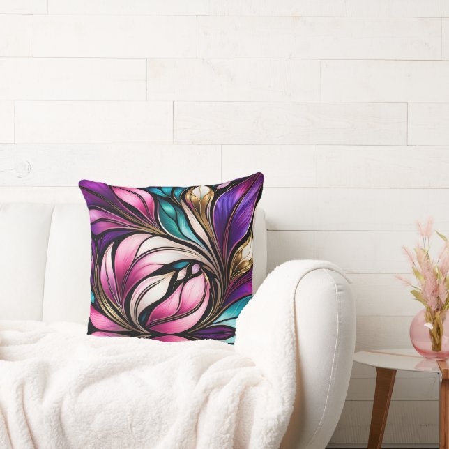 Pink Floral and leaves Stained Glass Look Throw Pillow (Couch)