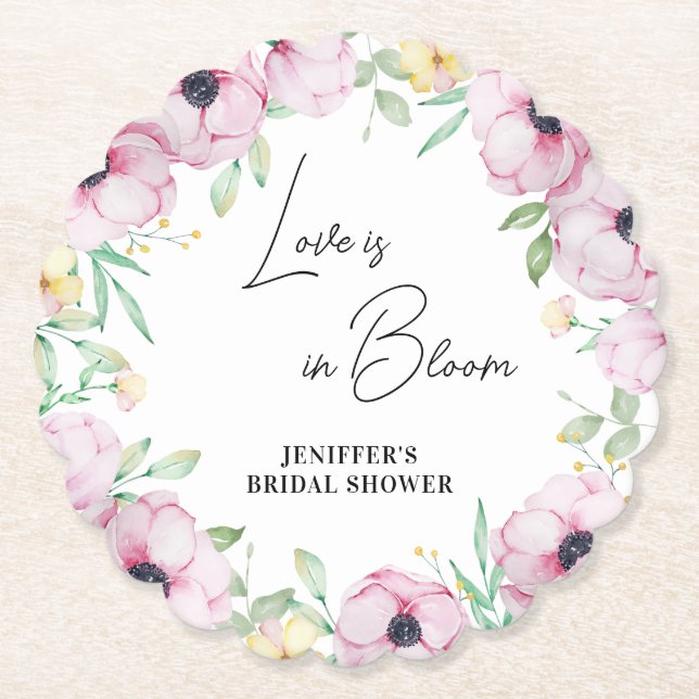 Pink Floral Anemone Bridal Shower Paper Coaster (Front)