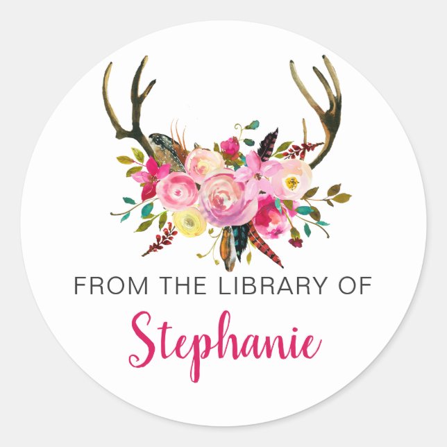 Pink Floral antlers library bookplate + name Classic Round Sticker (Front)