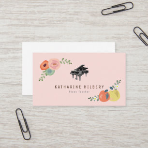 Pink Floral Apple Piano Carte de visite enseignant