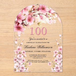 Pink Floral Arch Elegance 100th Birthday Party Acrylic Invitations