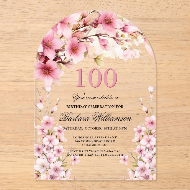 Pink Floral Arch Elegance 100th Birthday Party Acrylic Invitations (Front)