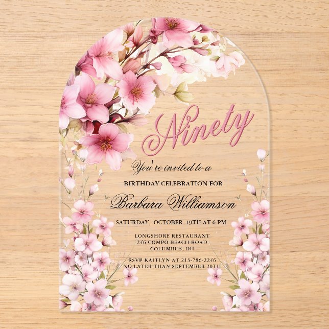 Pink Floral Arch Elegance 90th Birthday Party Acrylic Invitations (Front)