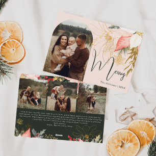 Pink Floral Arch Oh Merry Four Photo Holiday Card