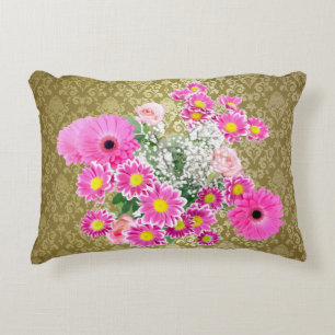 Pink Floral Arrangement Gold Damask Decorative Pillow