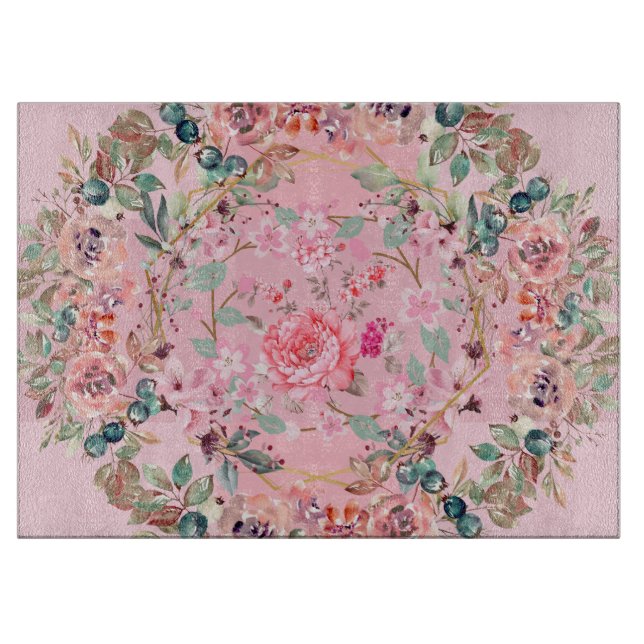 Pink Floral Art, Pink Floral Wreath Cutting Board (Front)