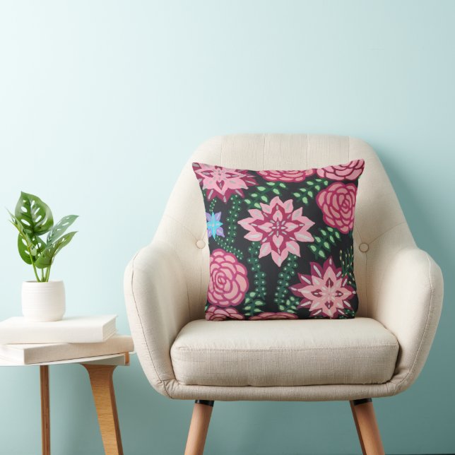 Pink Floral Art Throw Pillow (Chair)