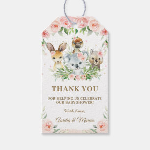 Pink Floral Australian Animals Baby Shower Favour Gift Tags
