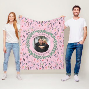 Pink Floral AWESOME MOM with PHOTO Mother's Day Fleece Blanket