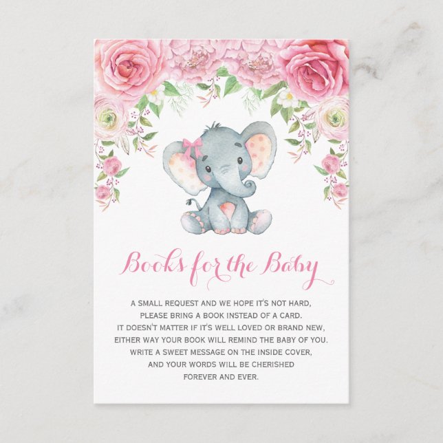 Pink Floral Baby Elephant Bring a Book Insert Card (Front)