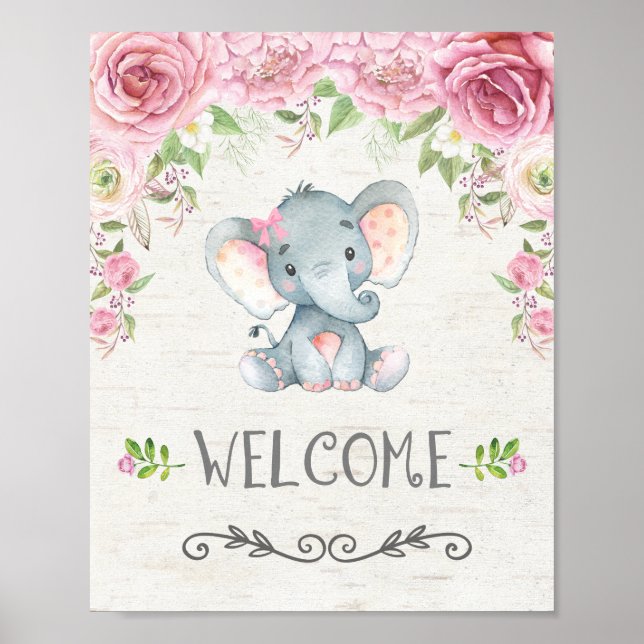 Pink Floral Baby Elephant Girl Welcome Sign Poster (Front)