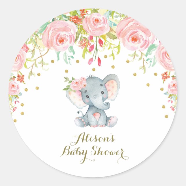 Pink Floral Baby Elephant Thank You Sticker (Front)