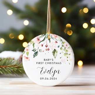 Pink Floral Baby First Christmas Baby   Ceramic Ornament