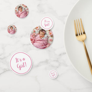 Pink Floral Baby Girl and White Kitten Confetti